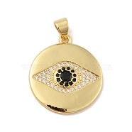 Brass Micro Pave Cubic Zirconia Pendants, Cadmium Free & Lead Free, Long-Lasting Plated, Flat Round with Eye, Real 18K Gold Plated, 22.5x20x2.5mm, Hole: 4x3.5mm(KK-B059-10G)