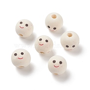 (Defective Closeout Sale: Wood Textured and Stain) Natural Wood Printed European Beads, Large Hole Beads, Round with Smiling Face Pattern, Old Lace, 18~18.5x17mm, Hole: 5mm, about 260pcs/500g(WOOD-XCP0001-66)