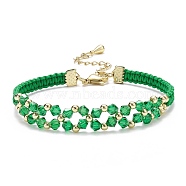 Glass Braided Flower Link Bracelet for Women, Green, 7-3/8 inch(18.6cm)(BJEW-TA00130-01)
