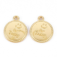 Rack Plating Alloy Pendants, Cadmium Free & Lead Free, Flat Round with Smiling Face and Word for Today, Light Gold, 17x14x1.5mm, Hole: 1.6mm(PALLOY-N155-85-RS)
