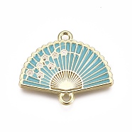 Alloy Links, with Enamel, Folding Fan with Plum Blossom, Light Gold, Dark Turquoise, 20x23.5x2mm, Hole: 1.5mm(X-ENAM-I043-09B)