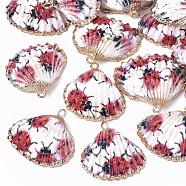 Electroplate Printed Natural Scallop Shell Pendants, Sea Shell Pendants, with Brass Loops, Animal Pattern, 22~27x23~29x8~10mm, Hole: 1.8mm(SSHEL-R047-04-A07)