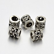 Tibetan Style Alloy Hollow Column with Flower Large Hole European Beads, Large Hole Beads, Lead Free & Cadmium Free & Nickel Free, Antique Silver, 6x6mm, Hole: 4mm(PALLOY-E381-03AS-NR)