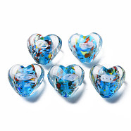 Handmade Lampwork Beads, with Inner Flower, Heart, Deep Sky Blue, 15x15~16x9mm, Hole: 1.2mm(LAMP-T011-04D)
