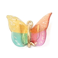 Transparent Resin Pendants, Butterfly Charms with Golden Plated Alloy Findings, Colorful, 17~18x21~24x7~7.5mm, Hole: 1.5mm(PALLOY-K011-02G-07)
