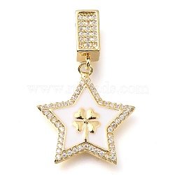 Brass Micro Pave Cubic Zirconia Pendants, with Enamel, Star with Four Leaf Clover Charms, White, 32x20x3mm, Hole: 7x4mm(KK-S049-04G-B)