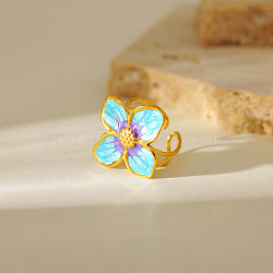304 Stainless Steel & Enamel Cuff Open Rings, Flower, Golden, Dodger Blue, US Size 4 1/4(15mm)~20mm(FS-WG13A6D-01)