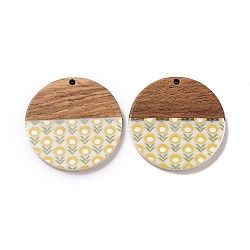 Opaque Resin & Walnut Wood Pendants, Flat Round Charms with Flower Pattern, Gold, 35x4mm, Hole: 2mm(RESI-N025-046D)