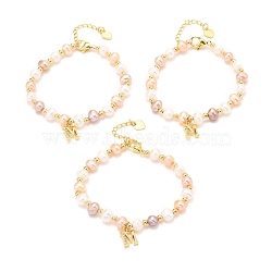 Brass Micro Pave Cubic Zirconia Letter M Charms Bracelets, Real 18K Gold Plated, with Natural Pearl, Long-Lasting Plated, Mixed Color, 6-1/4x1/8 inch(16x0.3~7cm)(BJEW-D447-11G-01)