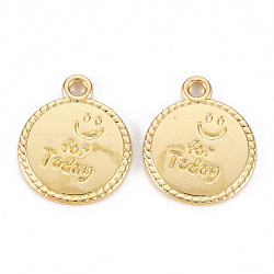 Rack Plating Alloy Pendants, Cadmium Free & Lead Free, Flat Round with Smiling Face and Word for Today, Light Gold, 17x14x1.5mm, Hole: 1.6mm(PALLOY-N155-85-RS)