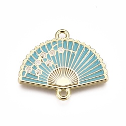 Alloy Links, with Enamel, Folding Fan with Plum Blossom, Light Gold, Dark Turquoise, 20x23.5x2mm, Hole: 1.5mm(X-ENAM-I043-09B)