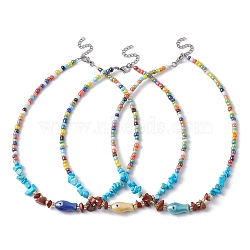 Natural Red Jasper & Howlite Chips & Porcelain Fish Beaded Necklace with Alloy Clasps, Mixed Color, 15.55 inch(39.5cm)(NJEW-JN04367)