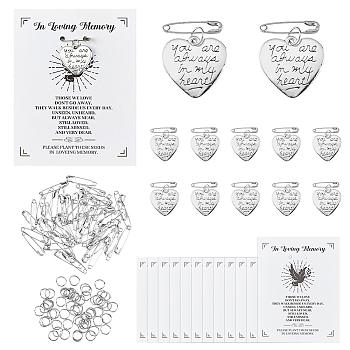 DIY Funeral Memorial Charm Keepsakes Brooch Making Kit, Including Paper Card, Zinc Alloy Pendants, Iron Safety Pins, Heart, 20x21x2mm, Hole: 1.5mm