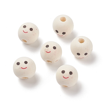 (Defective Closeout Sale: Wood Textured and Stain) Natural Wood Printed European Beads, Large Hole Beads, Round with Smiling Face Pattern, Old Lace, 18~18.5x17mm, Hole: 5mm, about 260pcs/500g