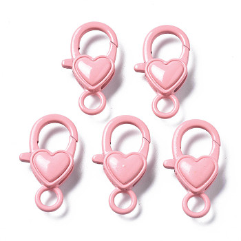 Spray Painted Eco-Friendly Alloy Lobster Claw Clasps, Cadmium Free & Nickel Free & Lead Free, Heart, Pink, 27x15x6.5mm, Hole: 4mm