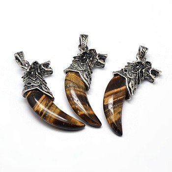Antique Silver Zinc Alloy Natural Tiger Eye Big Pendants, Tusk Shape with Wolf, Lead Free & Nickel Free, 53~57x23x10mm, Hole: 4.5x8mm