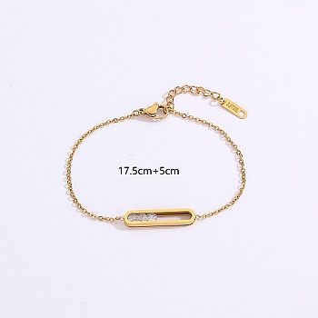 Stainless Steel Oval Bracelets, with Clear Cubic Zirconia, Real 18K Gold Plated, 6-7/8 inch(17.5cm)