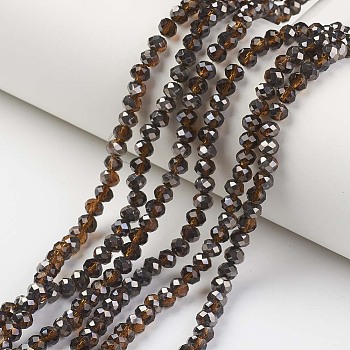 Electroplate Transparent Glass Beads Strands, Half Black Plated, Faceted, Rondelle, Sienna, 4x3mm, Hole: 0.4mm, about 123~127pcs/strand, 16.5~16.9 inch(42~43cm)