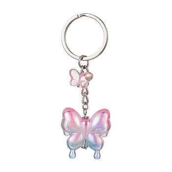 Glass & Acrylic Butterfly Keychain, with Iron Keychain Ring, Pearl Pink, 8.5cm