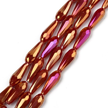 Electroplated Opaque Glass Beads Strands, Full Rainbow Plated, Faceted, Teardrop, Dark Red, 15x6mm, Hole: 1mm, about 50pcs/Strand, 28.35 inch(72cm)