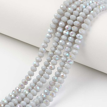 Electroplate Opaque Solid Color Glass Beads Strands, Half Rainbow Plated, Faceted, Rondelle, Light Grey, 6x5mm, Hole: 1mm, about 85~88pcs/strand, 16.1~16.5 inch(41~42cm)