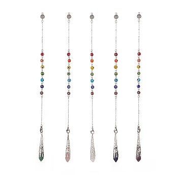 Mixed Natural Gemstone Pointed Drowsing Pendulums, with Chakra Evil Eye Lampwork Bead & 304 Stainless Steel Findings, Bullet Charm, 272~275mm