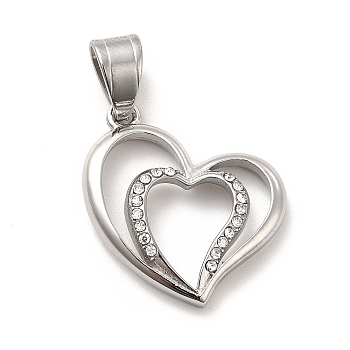 304 Stainless Steel Pendants, with Crystal Rhinestone, Bouble Heart Charms, Stainless Steel Color, 23x23x3mm, Hole: 8x5mm