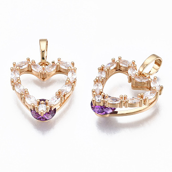 Brass Micro Cubic Zirconia Pendants, with Glass and Brass Snap on Bails, Heart, Light Gold, Purple, 17x16x6mm, Hole: 6x4mm