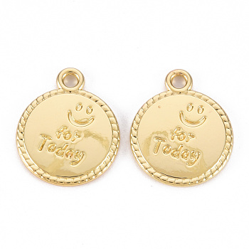 Rack Plating Alloy Pendants, Cadmium Free & Lead Free, Flat Round with Smiling Face and Word for Today, Light Gold, 17x14x1.5mm, Hole: 1.6mm