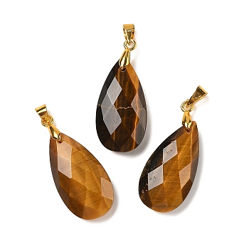 Natural Tiger Eye Pendants, with Brass Findings, Faceted, Teardrop Charms, 25x13x7mm, Hole: 5x4mm