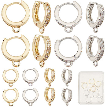 12Pcs 2 Colors Brass Huggie Hoop Earring Findings, with Clear Cubic Zirconia and Horizontal Loops, Mixed Color, 15x2.5x13.5mm, Hole: 1.5mm, Pin: 0.9mm, 6Pcs/color