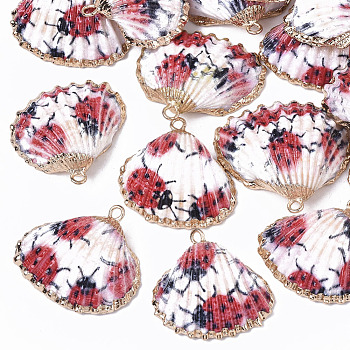 Electroplate Printed Natural Scallop Shell Pendants, Sea Shell Pendants, with Brass Loops, Animal Pattern, 22~27x23~29x8~10mm, Hole: 1.8mm