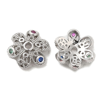 Brass Micro Pave Colorful Cubic Zirconia Bead Caps, Flower, Platinum, 10x9x3mm, Hole: 1.4mm