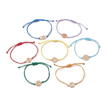 7Pcs 7 Style Alloy Chakra Link Bracelets Set, Braided Bead Adjustable Bracelets, Mixed Color, Inner Diameter: 1/4~3-3/8 inch(0.7~8.5cm), 1Pc/color