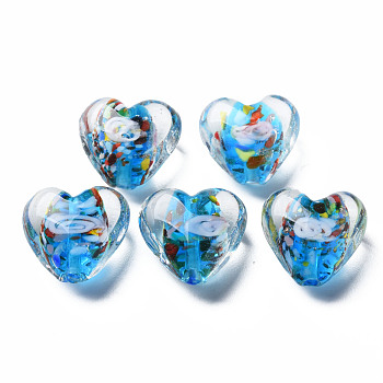 Handmade Lampwork Beads, with Inner Flower, Heart, Deep Sky Blue, 15x15~16x9mm, Hole: 1.2mm