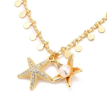 Brass Micro Pave Clear Cubic Zirconia Starfish Pendant Necklaces, with Natural Pearl Beads, Brass Curb Chains and 304 Stainless Steel Lobster Claw Clasps, Real 18K Gold Plated, 17.9 inch(45.5cm)