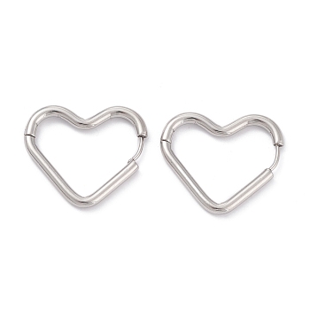 201 Stainless Steel Hoop Earrings, with 316 Surgical Stainless Steel Pin, Heart, Stainless Steel Color, 21.5x26x2.5mm, Pin: 1mm
