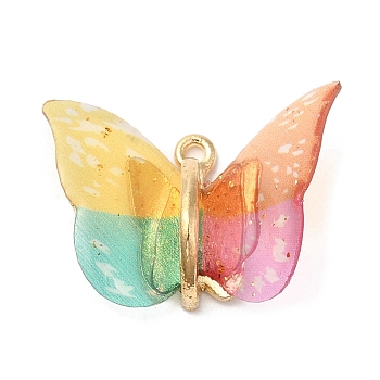 Transparent Resin Pendants, Butterfly Charms with Golden Plated Alloy Findings, Colorful, 17~18x21~24x7~7.5mm, Hole: 1.5mm