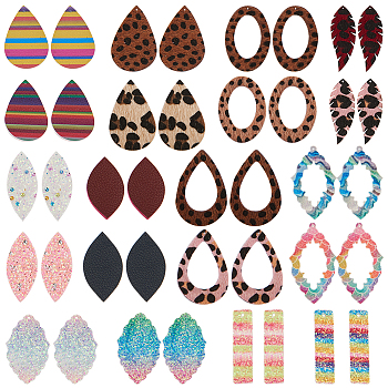 Imitation Leather Big Pendants, with Faux Fur, Mixed Shapes, Mixed Color, 55x36x1mm, Hole: 1mm, about 36pcs/set