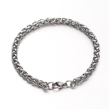 304 Stainless Steel Wheat Chains Bracelets, with Lobster Clasps, Stainless Steel Color, 8-1/4 inch(210mm), 5mm