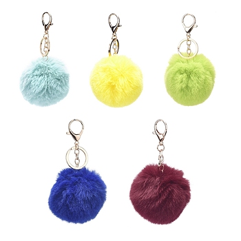 Pom Pom Ball Keychain, with Alloy Lobster Claw Clasps and Iron Key Ring, for Bag Decoration,  Keychain Gift and Phone Backpack , Light Gold, Mixed Color, 138mm