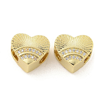 Rack Plating Brass Micro Pave Clear Cubic Zirconia Beads, Lead Free & Cadmium Free, Long-Lasting Plated, Heart, Real 18K Gold Plated, 10.5x12x7.5mm, Hole: 5.7x4.8mm