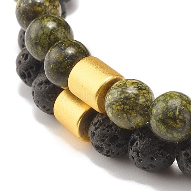 2Pcs 2 Style Natural Serpentine/Green Lace & Lava Rock Round Beaded Stretch Bracelets Set with Column Synthetic Hematite(BJEW-JB07575)-4