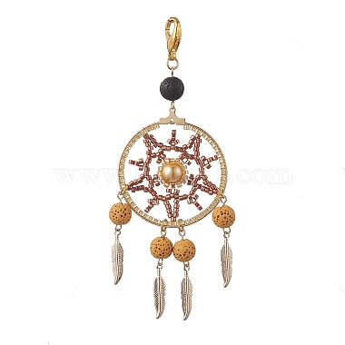 Woven Web/Net with Feather Glass Seed Beads Pendant Decorations(HJEW-MZ00074)-3