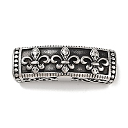 Tibetan Style 304 Stainless Steel Slide Charms/Slider Beads, for Leather Cord Bracelets Making, Rectangle with Fleur-De-Lis, Antique Silver, 47x16x10mm, Hole: 13x6mm(STAS-L274-004AS)
