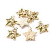 Brass Pendants, with Enamel, Star with Unicorn, Real 18K Gold Plated, Olive, 15.3x14x3.4mm, Hole: 1mm(KK-I661-08G-A)