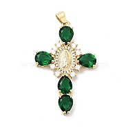 Rack Plating Brass Micro Pave Cubic Zirconia Pendants, Cadmium Free & Lead Free, Real 18K Gold Plated, Cross with Saint, Green, 45.5x29x6mm, Hole: 4x6mm(ZIRC-I059-15G-03)