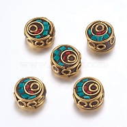 Handmade Indonesia Beads, with Brass Findings, Nickel Free, Flat Round, Unplated, Green, 12~13x6~7.5mm, Hole: 2mm(IPDL-F023-25B)