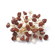Natural Red Jasper Chips & Pearl Beaded Flower Brooch Pin, Golden 304 Stainless Steel Wire Wrap Lapel Pin for Women, 45~55x55~60x10mm(JEWB-BR00098-02)