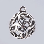 Tibetan Style Alloy Pendants, Round with Star, Antique Silver, 30.5x25mm, Hole: 3mm(TIBE-F025-05AS)